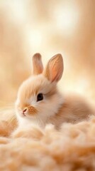Obraz premium A soft, fluffy rabbit rests on a bed of warm, pastel-colored fur, creating a serene and adorable atmosphere ideal for use in children's products, greeting cards, or pet-themed content,
