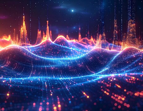 Abstract digital landscape with glowing network structures