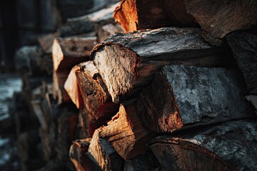 Stacked Firewood Logs in Natural Light with Warm Tones for Rustic Home Interior or Outdoor Fire Setup