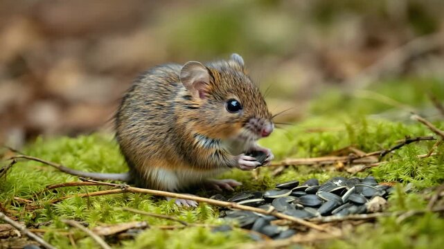 Close-up of a vole eating seeds in a mossy forest 