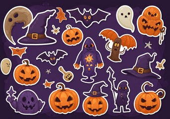 A collection of cartoon halloween themed stickers arranged on a background