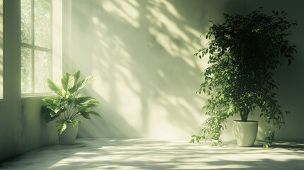 Indoor plants with natural light shadows, potted plants by window casting leaf shadows on wall, fresh home decoration