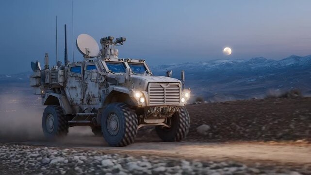 A cutting-edge armored personnel carrier equipped with satellite dishes and night vision sensors glides silently through a moonlit landscape.