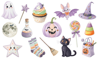 Pastel Halloween Watercolor Clipart Set with Cute Ghost Bat Cat Pumpkin Sweets