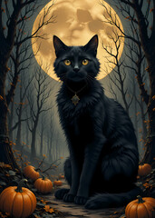 Black cat in the forest at night with a full moon and bare trees