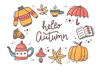 Hello autumn elements set with calligraphy, cute hand drawn seasonal objects. Vector illustration in doodle style