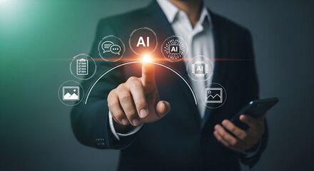 Businessman interacting with artificial intelligence and digital technology interface on screen