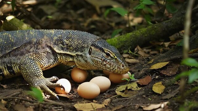 Close-up of a monitor lizard eating eggs in the jungle 