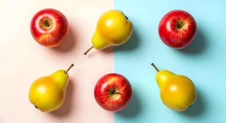 apples and pears arrangement on pastel pink and blue background flay lay wallpaper of fruits