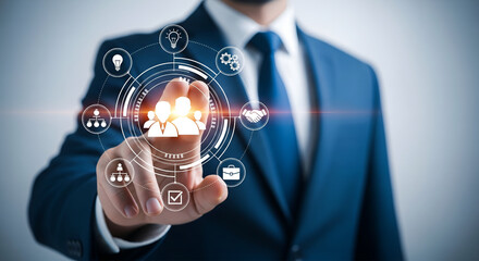 Businessman interacting with futuristic digital interface displaying global business network and technology icons