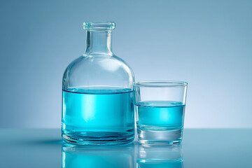 Caraffa e bicchiere con collutorio blu su fondo azzurro, luce studio. Concept igiene orale e alito fresco.