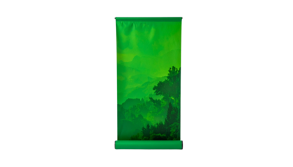 A vibrant, green banner featuring a lush landscape with trees and mountains, evoking a sense of nature and tranquility.