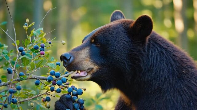 Close-up of a black bear eating wild blueberries 