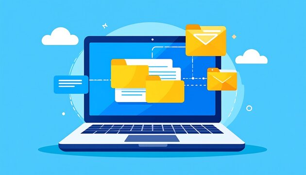A stylized illustration showing an open laptop with documents and email icons floating, suggesting online communication. Bright blue background with simple clouds