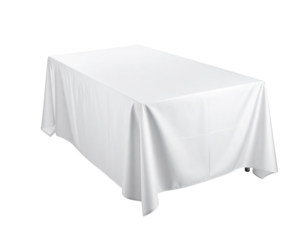 A plain white tablecloth drapes elegantly over a rectangular table, presenting a clean and simple aesthetic.