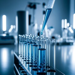 A scientific laboratory scene showcasing test tubes filled with a vibrant blue liquid being measured by a pipette.