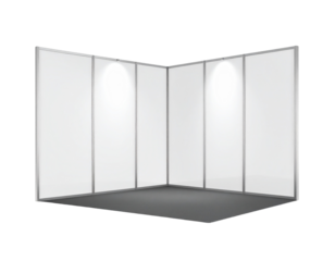 A modern exhibition booth with sleek white panels and soft lighting, designed for showcasing products or displays.