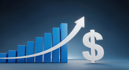 Financial Growth Chart with Dollar Sign Ascending Arrow Depicting Economic Success and Investment Returns in a Blue Gradient Background for Business Concepts