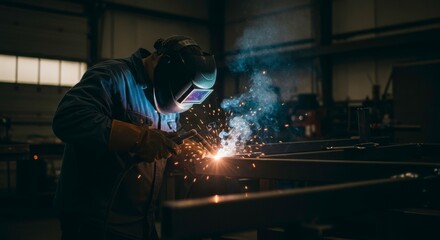 Industrial Worker Welding Metal in a Dark Workshop with Protective Gear and Sparks Generating From