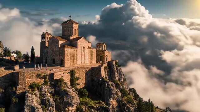 Ancient church perched atop a dramatic cliff, shrouded in clouds