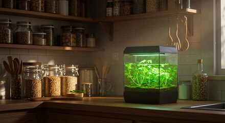 Modern indoor herb garden with bright green led grow lights on a kitchen counter with jars of spices