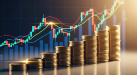 Financial Growth Chart with Stacked Coins and Rising Stock Market Line Graph Depicting Investment Success and Economic Progress in Business
