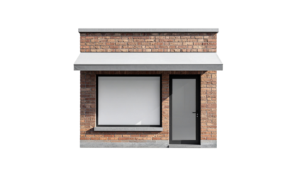 A small brick building with a grey awning, featuring a large window and a door, designed for retail or commercial use.
