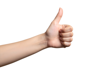 A close-up view of a hand giving a thumbs-up gesture against a solid black background, symbolizing approval.