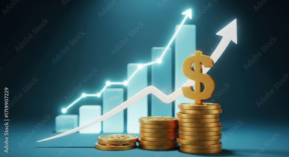 Poster golden dollar sign on stack of coins with rising graph and arrow symbolizing financial growth and in