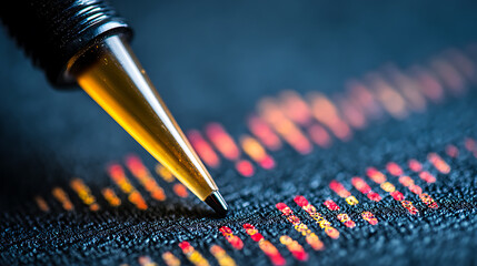 Close-up of a pen pointing at a financial chart with colorful data bars