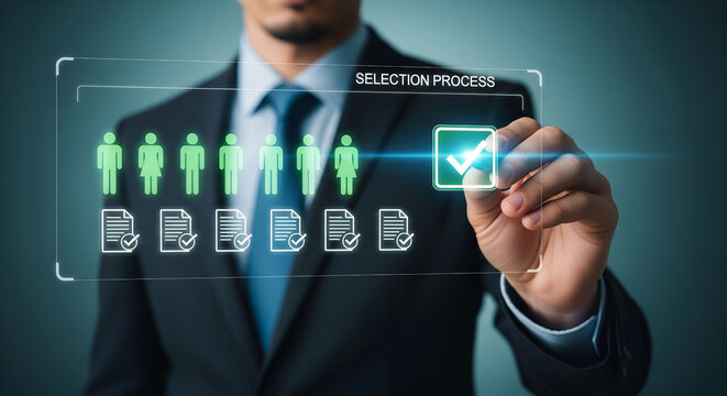Businessman selecting a candidate from a digital interface with human resource icons