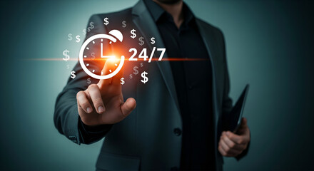 Businessman touching a glowing clock interface displaying 24 7 service and financial symbols