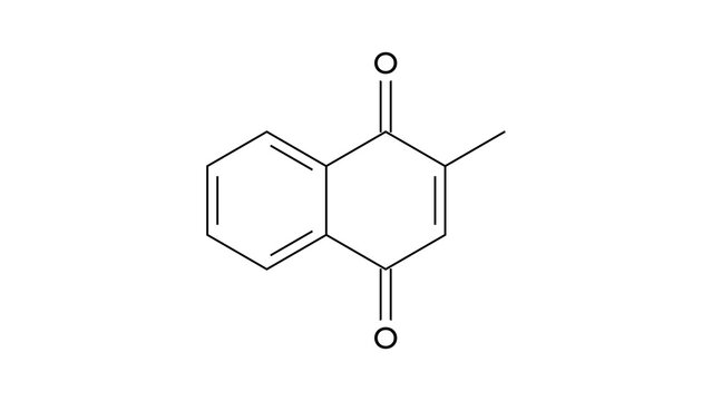 menadione molecule, structural chemical formula, ball-and-stick model, isolated image vitamin k analog