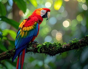 Fototapeta premium Colorful macaw perched in lush forest