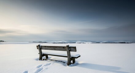 Solitary wooden bench sits on a snow-covered field, beckoning reflection and peace in the quiet winter landscape under a soft, diffused sky