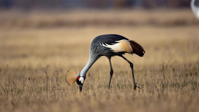 Close-up of a crane feeding on insects in tall grass 