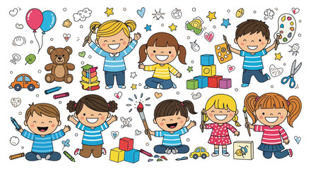 Happy children joyfully painting, drawing, and playing with toys in a vibrant and playful illustration