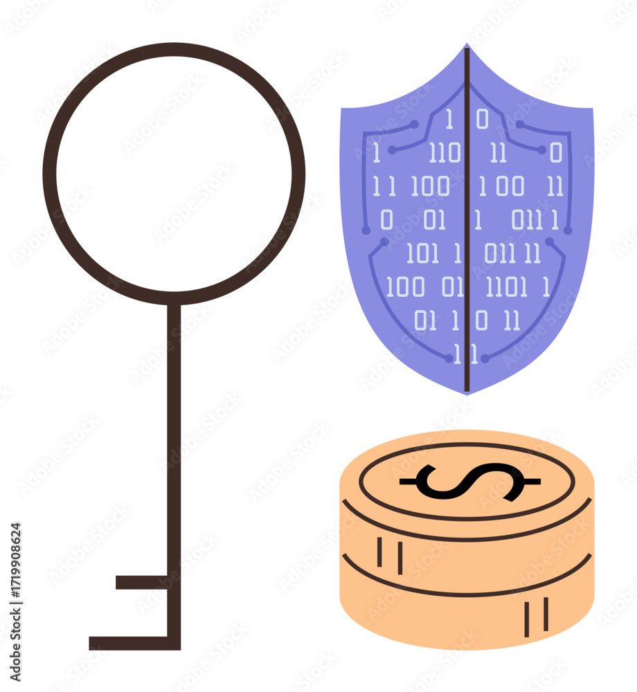 Poster key beside binary-patterned shield and stacked coins represents data security, encryption, and finan
