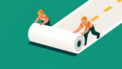 Illustration Of Two People Wearing Orange Construction Helmets Rolling Out A Roll Of Asphalt Vector Design Template