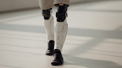 Obraz premium Person walking with advanced robotic prosthetic legs in a modern indoor setting
