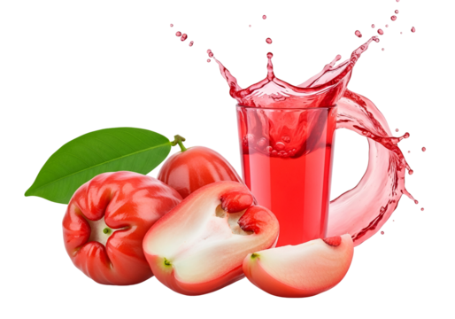 Freshly squeezed rose  juice splash, showcasing vibrant ruby red juice and whole and sliced rose apples.