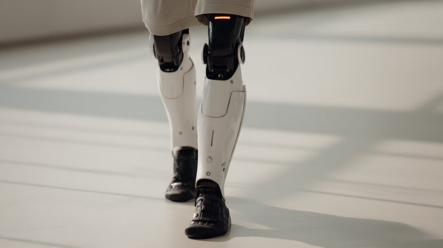 Person walking with advanced robotic prosthetic legs in a modern indoor setting - Powered by Adobe