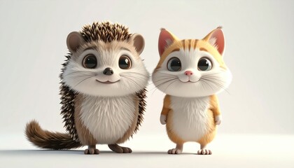 Fototapeta premium Cute cartoon hedgehog and cat