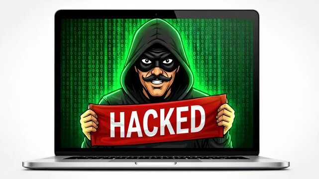 Hacker Cyber Attack with Hacked Sign on Laptop Screen