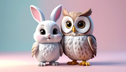 Cute cartoon rabbit and owl
