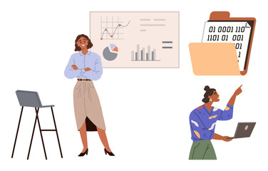 Confident woman presenting data charts, seated coworker analyzing numbers on laptop. Ideal for teamwork, data presentation, business strategy, technology, education, leadership, simple flat metaphor