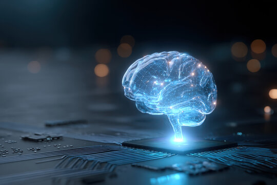 Neon brain hologram, digital glow, cyber blue, data stream aura, futuristic calm