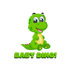 Cute cartoon baby dinosaur sitting and smiling with text baby dino