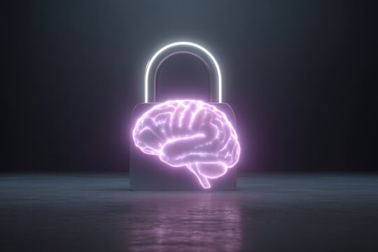 Neon lock brain hologram glow sparks curiosity over dark floor scene