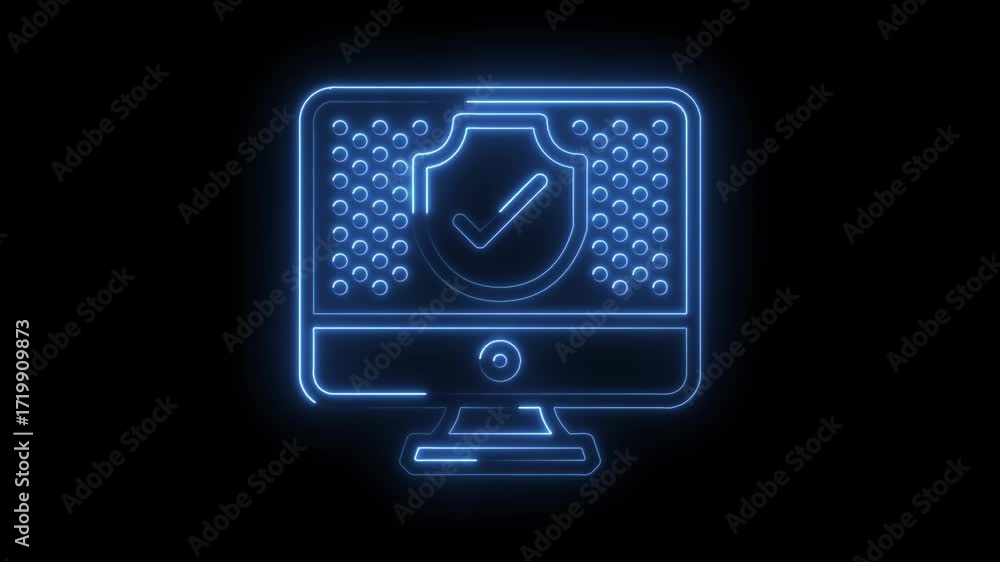 Poster cybersecurity neon glow animation on desktop display system with shield and checkmark for secure dat